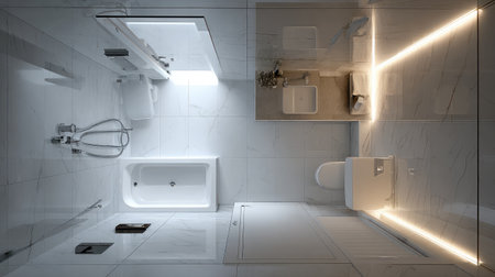 Narrow bathroom layout with wall-mounted fixtures and extra-deep compact bathtubの素材