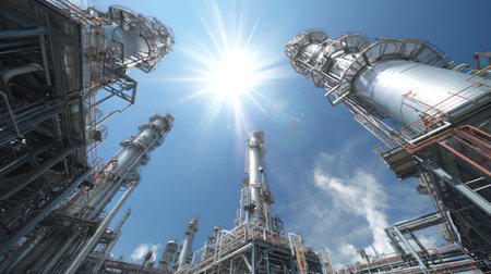 Modern distillation columns tower above the refinery, extracting hydrocarbons from crude oil under a clear blue skyの素材