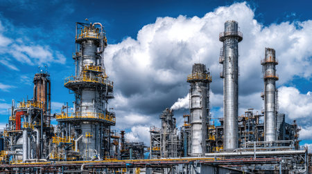 Modernized petrochemical plant equipped with distillation towers and exhaust stacksの素材