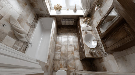 Small bathroom interior with a narrow soaking tub and modern sink unit tucked into the cornerの素材