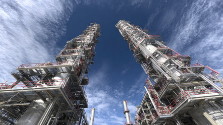 Side angle of distillation towers interconnected by scaffolding and fluid control systemsの素材