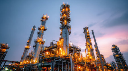 Oil refinery plant showcasing interconnected towers refining chemicals from raw petroleumの素材