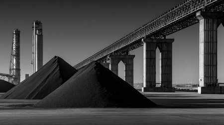 Shadowed conveyor system dropping coal onto tall industrial pile against steel frame supportsの素材