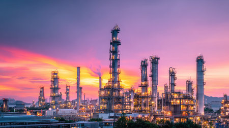 Oil refinery plant showcasing interconnected towers refining chemicals from raw petroleumの素材