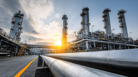 Modern refining infrastructure showcasing pipeline networks connected to vertical distillation unitsの素材