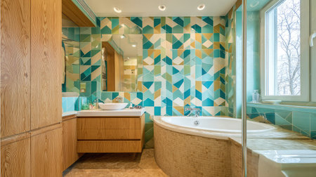 Scandinavian-style compact bath with floating vanity and corner bathtub beneath windowの素材