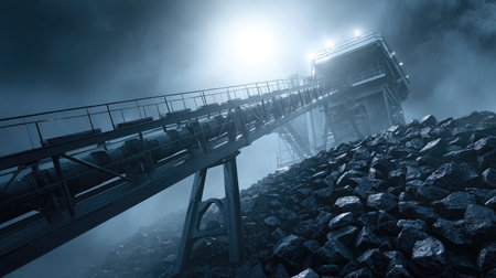 Shadowed conveyor system dropping coal onto tall industrial pile against steel frame supportsの素材