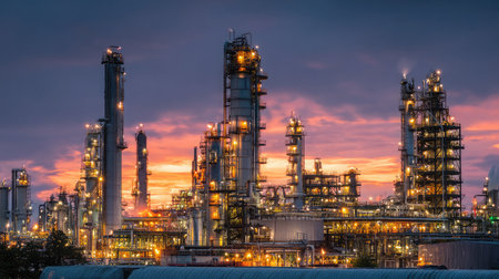 Oil refinery plant showcasing interconnected towers refining chemicals from raw petroleumの素材