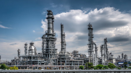 Modern engineering marvel with advanced columns transforming crude oil into clean fuel componentsの素材