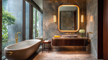 Small bathroom with freestanding sink, integrated tub, and tall narrow storage unit beside vanityの素材