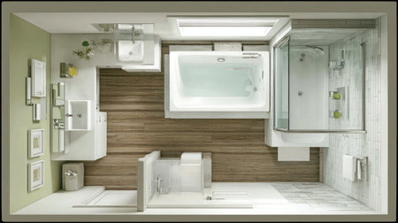 Small square bathroom layout with tiny freestanding sink and corner bathtubの素材