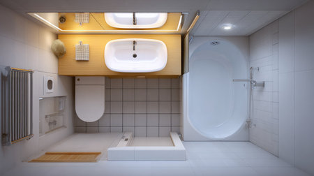 Smart bathroom layout with compact rectangular sink and partially recessed bathtubの素材