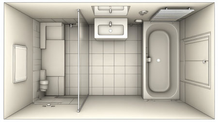 Small square bathroom layout with tiny freestanding sink and corner bathtubの素材