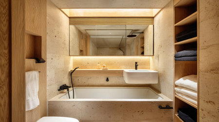 Smart small bathroom with integrated tub-shower combo and sleek wall-mounted sinkの素材
