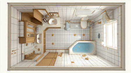 Space-efficient bathroom layout with corner sink, deep short tub, and compact tile designの素材