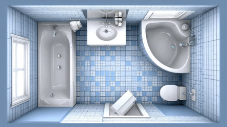 Space-efficient bathroom layout with corner sink, deep short tub, and compact tile designの素材