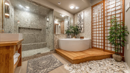 Stylish urban bathroom with minimal sink, Japanese-style soaking tub, and modern decorの素材