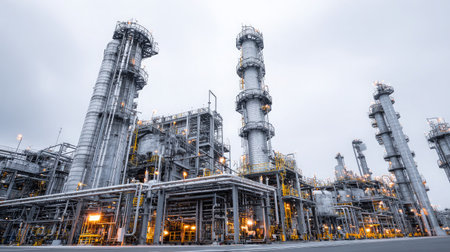 Steel distillation columns against cloudy sky in modern plant processing oil-derived chemicalsの素材