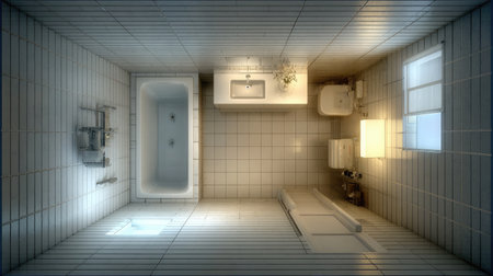 Tiny bathroom design with wall tiles, compact square tub, and slim-profile basinの素材