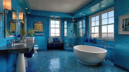 Smartly designed space with open tub, modern pedestal sink and efficient storage aboveの素材