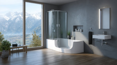 Smart small bathroom with integrated tub-shower combo and sleek wall-mounted sinkの素材