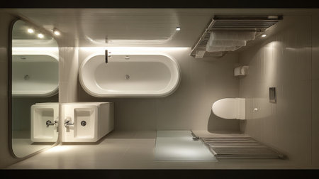 Tiny bathroom design with a space-saving tub, wall sink, and large mirror to enhance depthの素材