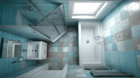 Tiny bathroom design with wall tiles, compact square tub, and slim-profile basinの素材