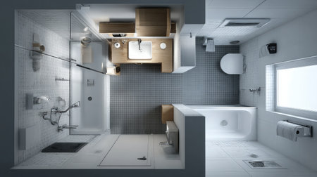 Smart bathroom layout with compact rectangular sink and partially recessed bathtubの素材