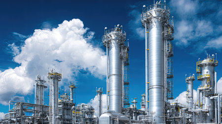 Steel distillation columns against cloudy sky in modern plant processing oil-derived chemicalsの素材