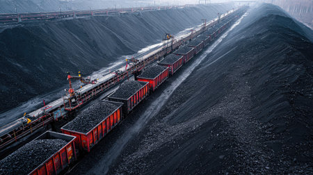 Wide shot of coal stockyard with long conveyor belt system steadily feeding new material onto moundの素材