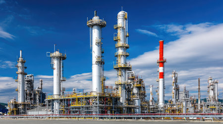 Wide shot of clean and futuristic distillation towers against a backdrop of industrial refineryの素材