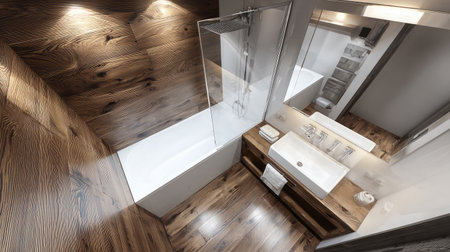 Tiny bathroom design with a space-saving tub, wall sink, and large mirror to enhance depthの素材