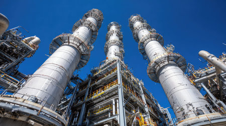 Tall refinery columns extracting valuable chemical fractions from raw oil using heat separationの素材