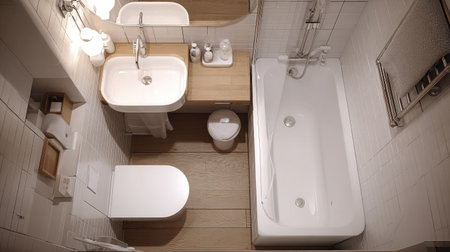 White compact bathroom with wall-mounted sink, narrow tub, and efficient layout under soft lightingの素材