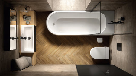 Stylish compact bath with recessed tub, floating cabinet sink, and matte black fixturesの素材