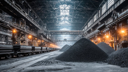 System of steel conveyors moves coal through production line and drops into storage pileの素材