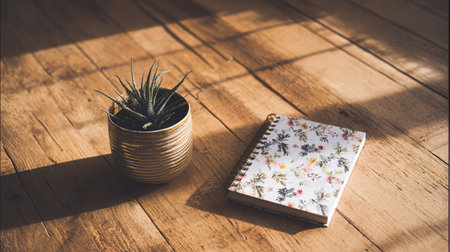 Natural wood desk with a floral-patterned notebook and tiny aloe vera plant under golden natural lightの素材