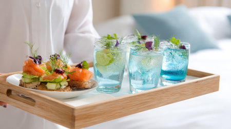 Chic suite interior with bright salad and soda, arranged perfectly on service trayの素材