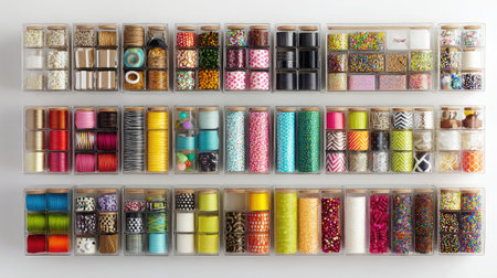 Side view of clear storage boxes filled with colorful crafting supplies on a white backgroundの素材