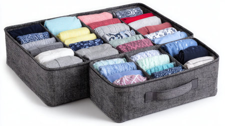 Fabric drawer box with a handle, opened to show neat compartments, placed on whiteの素材