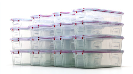 Stack of transparent plastic storage boxes with lids on a white background, neatly aligned in a rowの素材