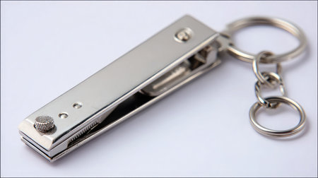 A folded nail clipper with keychain attachment on clean white background, minimalist styleの素材