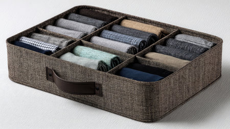 Fabric drawer box with a handle, opened to show neat compartments, placed on whiteの素材