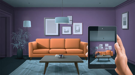 Room design AR app previewing sofa and lighting arrangement on tablet deviceの素材
