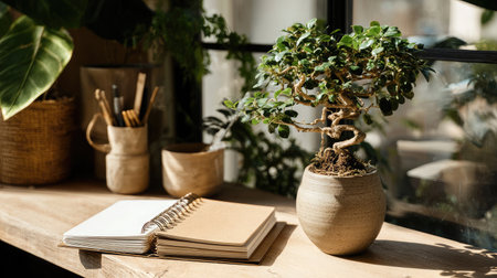A clean wooden desk with a spiral notebook and a small potted plant beside it, bathed in soft natural light from a nearby windowの素材