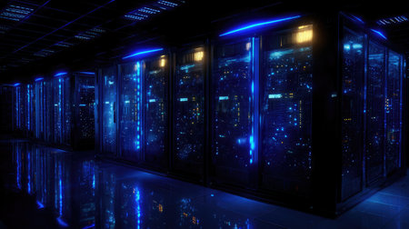 Server racks glowing with blue lights in high-security digital business infrastructure roomの素材