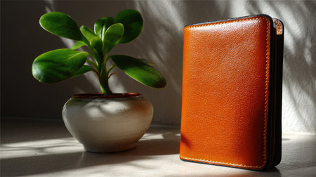 A bright, serene desktop with a leather-bound notebook and a green plant casting gentle shadows from soft backlightingの素材