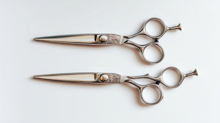 Grooming scissors for mustache care laid parallel with clean spacing on white backgroundの素材