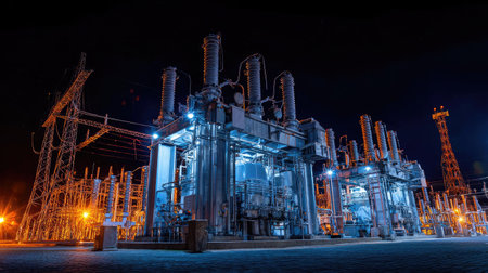 Substation transformers lit at night connected to a thermal power plantの素材