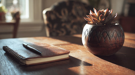 Clean layout of desk with leather journal and plant pot, soft focus on warm light filtering inの素材